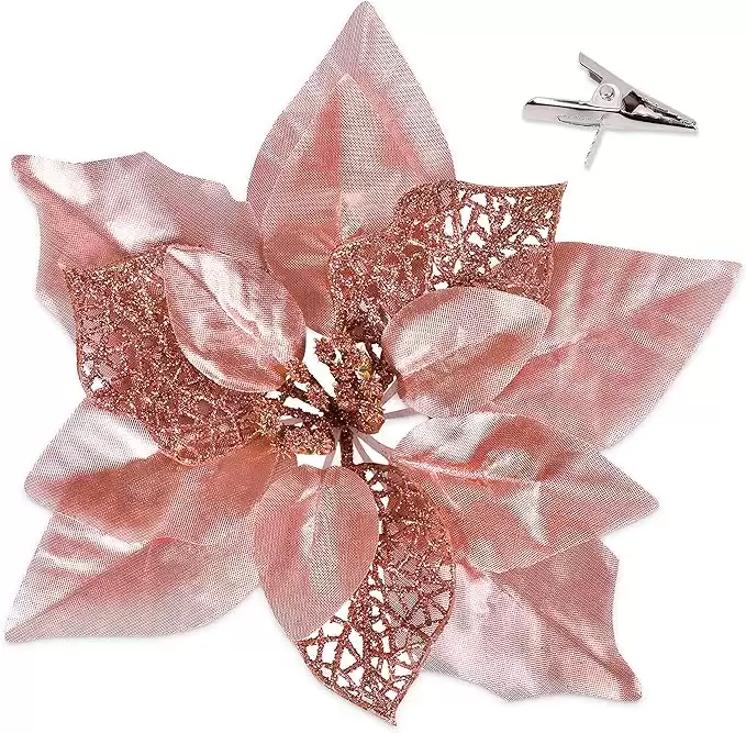 Geefuun 15PCS Christmas Tree Decorations Poinsettias Artificial Flowers Ornaments: Large Size 8.7 Xmas Glitter Flower with Clips plus Stems (Rose Gold)