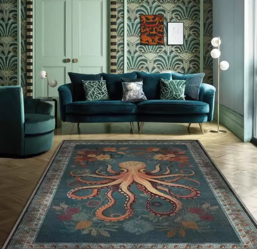 Octopus Figure Flower Rug With A Persian Rug Border For Maximalist Home Decor, Colorful Living Room Rug With Octopus Art, Octopus Rug - Etsy