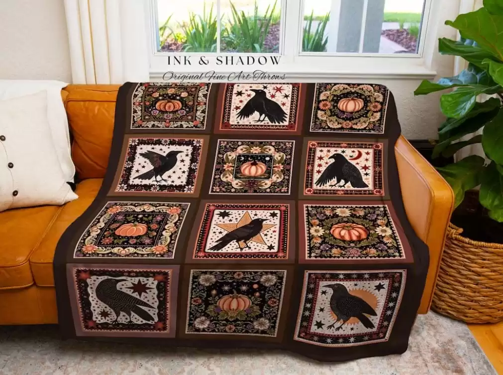 Retro Crow Pumpkin Farmhouse Throw Cottagecore Witch Decor | Vintage Aesthetic Witchy Tapestry Blanket Fall Vibes Maximalist Unique Gift - Etsy