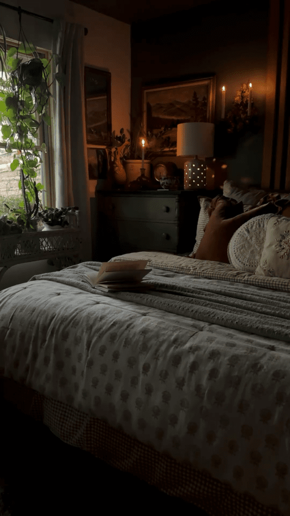 cozy and dark cottage guest bedroom