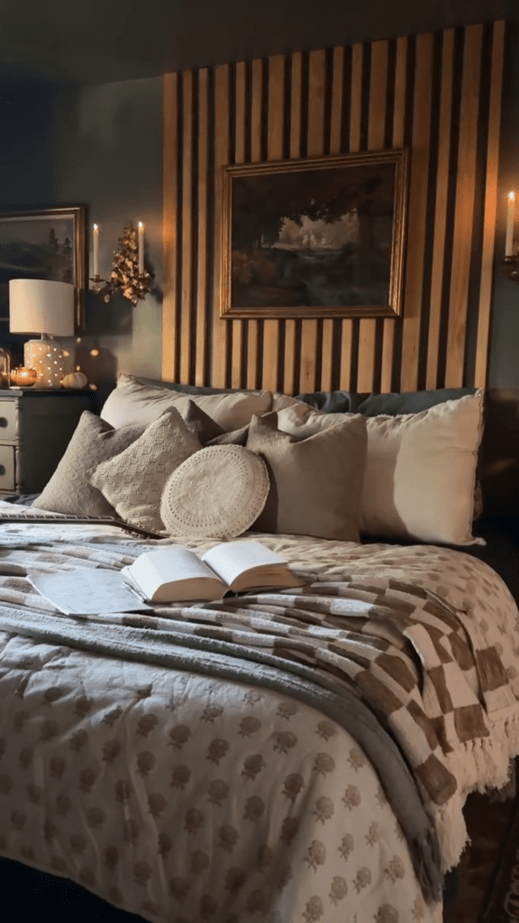 cozy and dark cottage bedroom wall paneling