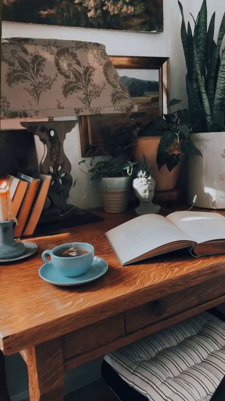 cozy and dark cottage desk decor