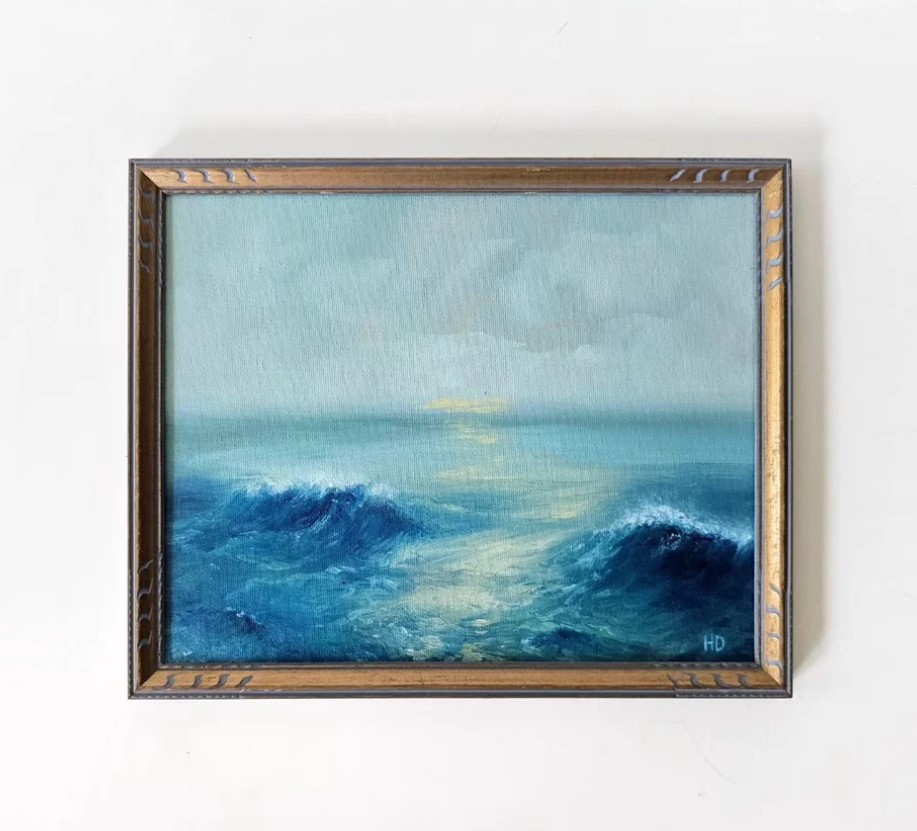 Original Seascape, Oceanscape Oil Painting of in Vintage Gold and Blue Frame, Coastal -Etsy