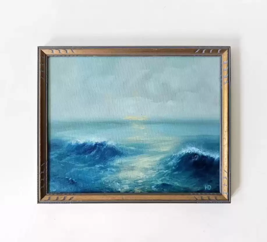 Original Seascape, Oceanscape Oil Painting of in Vintage Gold and Blue Frame, Coastal -Etsy