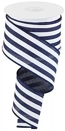 Vertical Stripe Wired Edge Ribbon - 10 Yards (Navy, White, 2.5 Inch)