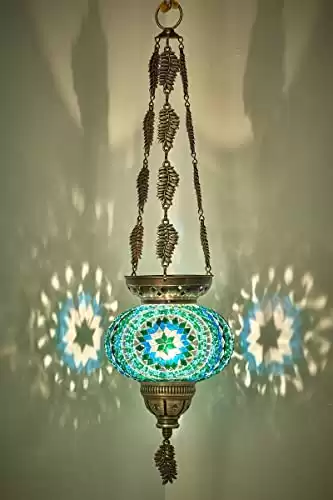 DEMMEX Turkish Moroccan Colorful Mosaic Bohemian Boho Hanging Candle Holder Lantern with Handmade Colorful Glass Globe and Metal Leaf Chains, 24" (Cutsie)