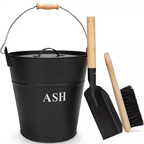 INNO STAGE Ash Bucket with Lid, Shovel and Broom, Coal Bucket for Fireplace, Fire Pits, Hearth, Wood Burning Stoves, Indoor and Outdoor