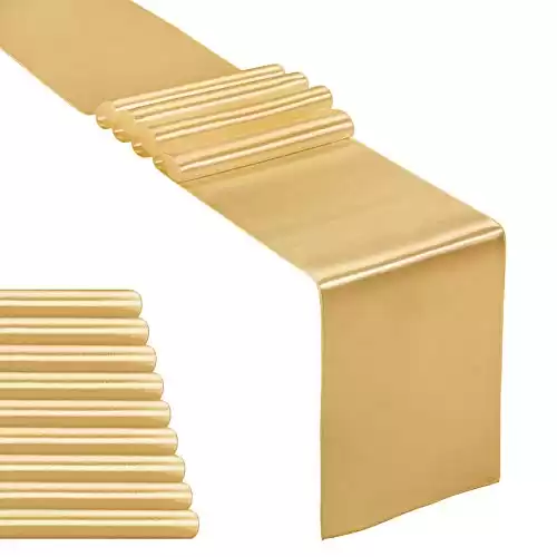 10-Pack Satin Table Runner Light Gold 12 x 108 inches Long, Table Runners for Wedding, Birthday Parties, Banquets Decorations 10 Pack, 12x108 Inch, Light Gold