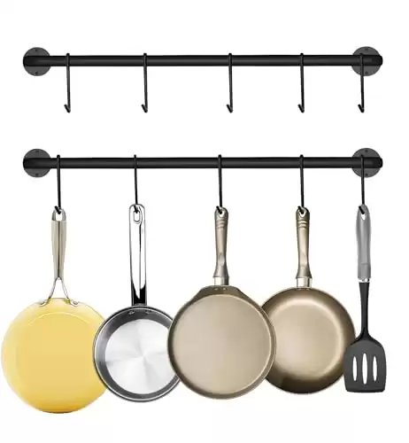 Black Steel-made Kitchen Utensil Rack Organizer Wall-mounted Pot Pan Wall Hanger Holder For Hanging Rail with 10 S Hooks