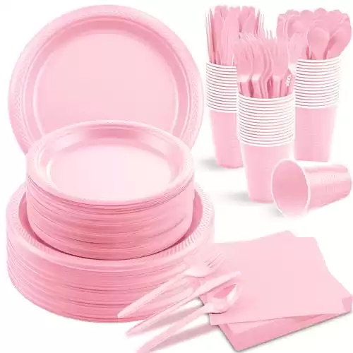 MirthMood 350pcs Pink Party Supplies Set, Disposable Dinnerware Set, Including Pink Plastic Plates, 12OZ Pink Cups, Pink Plastic Cutlery and Paper Napkins Serve 50 Guests for Wedding & Birthday