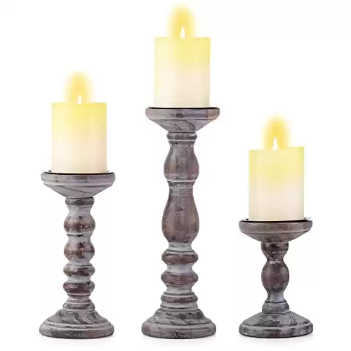 Inweder Wooden Candle Holders Pillar - Set of 3 Wood Candlestick Holders Rustic Candle Holder Set Distressed Brown Pillar Holders Tealight Holders for Wedding Table Centrepieces Farmhouse Home Decor