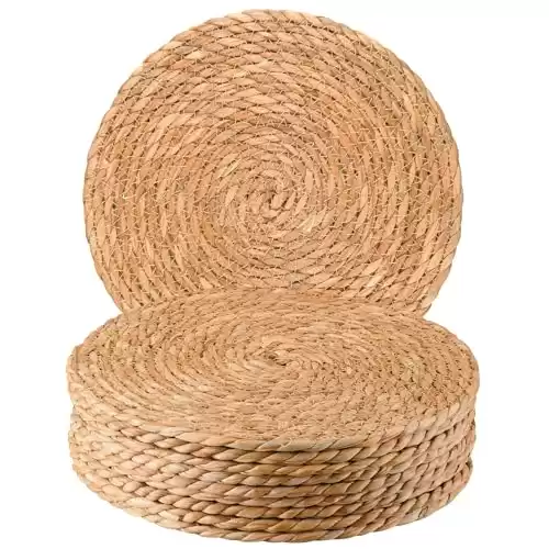 Round Woven Placemats Set of 10, 12" Boho Rattan Placemats Natural Hand-Woven Water Hyacinth Placemats, Farmhouse Weave Place Mats, Rustic Braided Wicker Table Mats for Dining Table,Home,Wedding