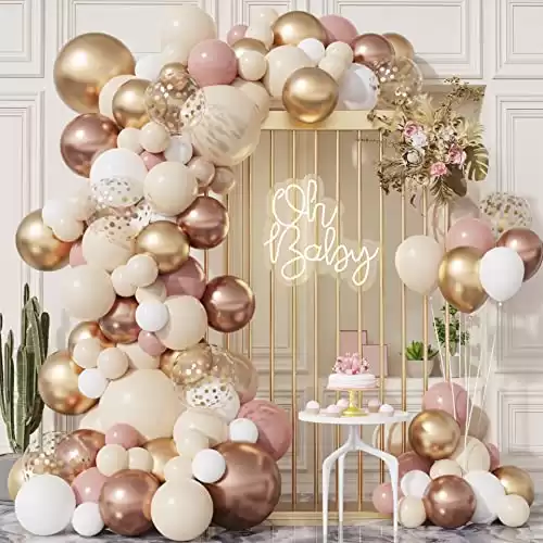 DIY 135Pcs Sand White Balloons Garland Kits with 18/10/5Inch Rose Gold Gold Metallic Chrome Latex Balloons for Women Girls Princess Engagement Wedding Birthday Party Decorations (colorful)