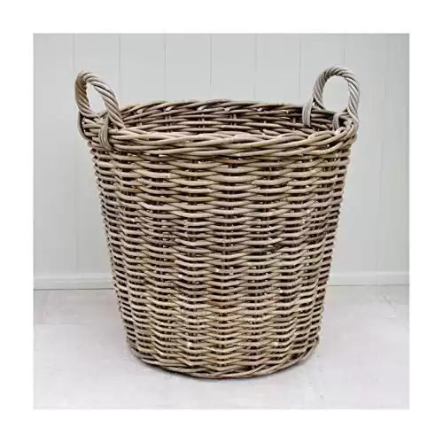 Large Wicker Log Basket Round With Handles Grey & Buff Rattan