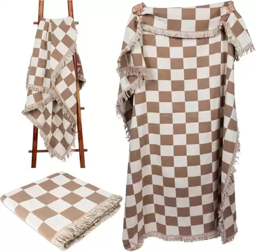 Premium Checkered Blanket - Lightweight, Reversible and 100% Cotton Blanket with Tassel Fringes - Ideal for All Seasons - Double Sided Checkered Throw Blanket for Bed, Couch and Outdoor(50 x60 )