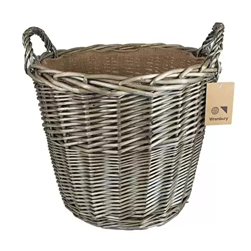 Wrenbury Wicker Log Basket Large 38cm - Lined Log Baskets for Wood Burner Indoor - Round Willow Basket for Wood Logs - Log Fire Wood Basket for Fireplace