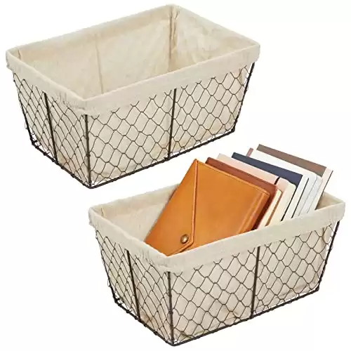 mDesign Medium Metal Farmhouse Home Storage Organizer Basket - Chicken Wire Design, Fabric Liner for Kitchen, Bathroom, Living Room, Pantry, Cupboard, Shelves, Countertop, 2 Pack - Bronze/Natural