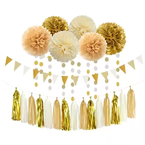 White Gold Champagne Party Decorations - 23pcs Tissue Pom Poms Streamers,Christmas Wedding Engagement Tassel Garland Banner,Bachelorette Neutral Birthday Baby Bridal Shower Decor Lasting Surprise