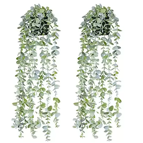 BACAMA Fake Hanging Plants in Pots Artificial Ivy Vine Leaves for Home Kitchen Garden Office Wall Mounted Shelf Decor 2 Pack Looks Full 2Feet Long Green