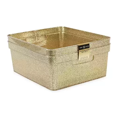 Isaac Jacobs Medium Glitter Storage Bin (14 x 11.5 x 5.5 ) Set w/Cut-Out Handles, Plastic Organizer, Multi-Functional, Home Storage Solution, Kids Playroom, Bedroom, Closet (2, Gold)