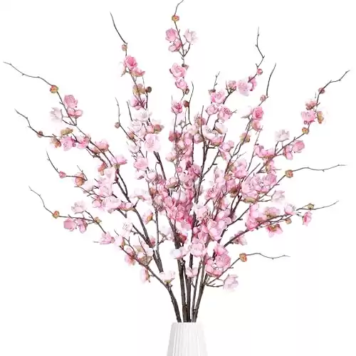 Sggvecsy Artificial Plum Blossom Flowers 4 Pcs Faux Cherry Blossom Stems Faux Silk Plum Blossom Branches 36.2 Fake Flowers Long Stems for Vase Arrangements Home Wedding Table Decor (Pink)