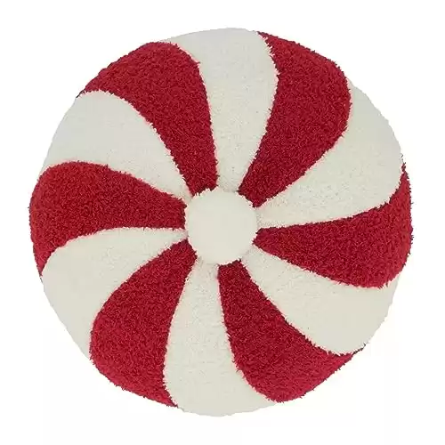 Fennco Styles Festive Candy Cane Design Decorative Filled Throw Pillow 13" X 13" Round - Red and White Holiday Accent Pillow for Christmas, Home, Couch, Bedroom, Living Room and Office Decor