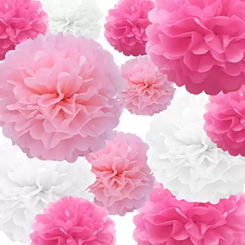 Tissue Paper PomPoms Paper Flower 22 Pcs Pink,Rose Red,White Paper Flower Ball for Birthday Bachelorette Wedding Baby Shower Bridal Shower Party Decoration