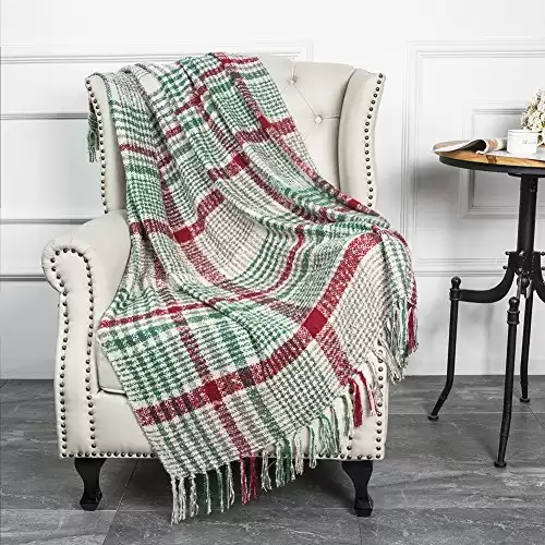 LALIFIT Christmas Home Decor Super Soft Vintage Fluffy Plaid Throw Blanket-100% Acrylic Cashmere-like- Bedspread Picnic Tailgate Stadium RV Camping Blanket with Fringe,50in W x 67in L (Green/Red)