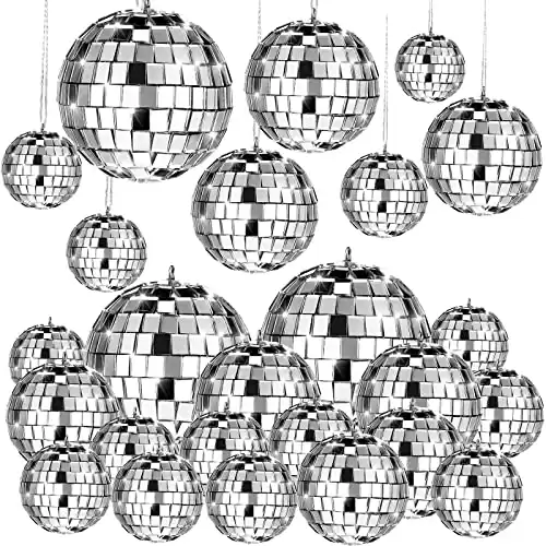 20 Pcs Hanging Mirror Disco Ball Ornaments New Years Eve Assorted Silver Mini Glass Disco Balls Decoration Different Sizes Reflective with Rope(2.4 Inch, 2 Inch, 1.6 Inch, 1.2 Inch)