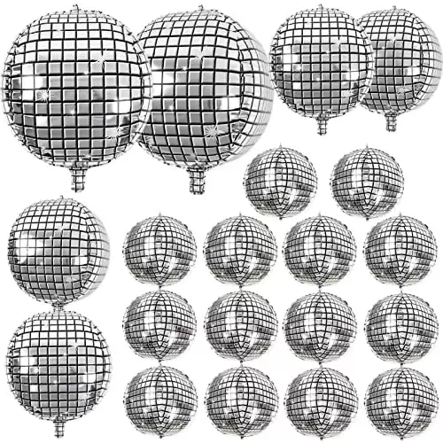 20Pcs Disco Ball Balloons Different Sizes- 4D Large Disco Balloons 32 22 10 Inch Assorted Round Metallic Silver Disco Mylar Balloons for 70s 80s Disco Themed Birthday New Year's Party Decor...