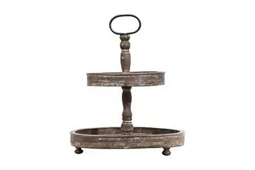 Distressed Brown Wood 2-Tier Tray with Metal Handle