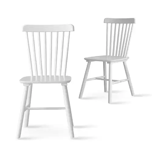 Livinia Aslan Malaysian Oak Dining Chair Set of Two, Country Farmhouse High Spindle Back Wooden Side Chairs (White)