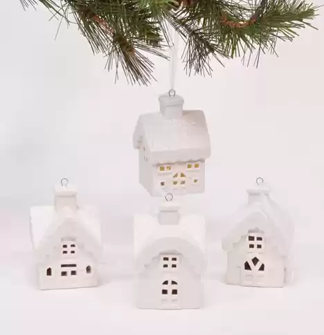 Unglazed Winter White Porcelain Snowy Village House Tree Ornaments, Set of 4, 3 Inch