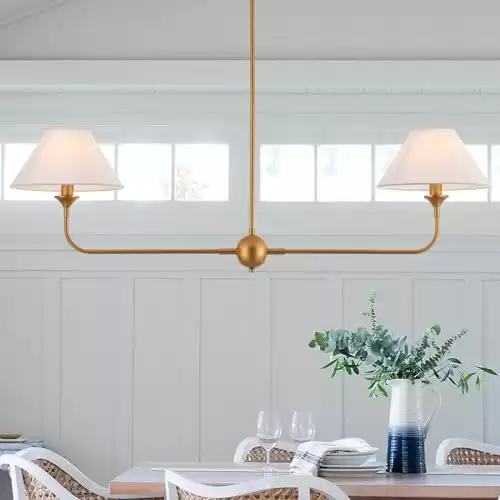 VANZARLA Modern Linear Chandeliers for Dining Room, Gold Island Light Fixtures with Off-White Fabric Shade, Rustic Linear Pendant Light for Kitchen