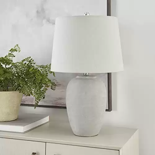 Nourison 23" Grey Vintage Distressed Ceramic Pot Table Lamp for Bedroom, Living Room, End Table, with Grey Tapered Drum Shade