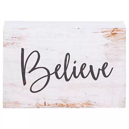 P. Graham Dunn Believe Grey Script White Wash 5 x 3.5 Inch Solid Pine Wood Barnhouse Block Sign