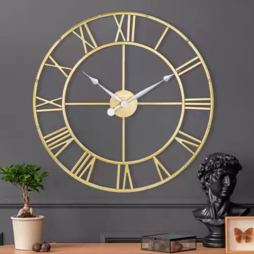 Tulivios Gold 24 inch Large Wall Clock, Wall Clocks Decorative Living Room Roman Numeral DIY Without Second Hand,Non-Ticking Silent,Modern Home Decor Ideal for Kitchen, Office, Cafe, Farmhouse