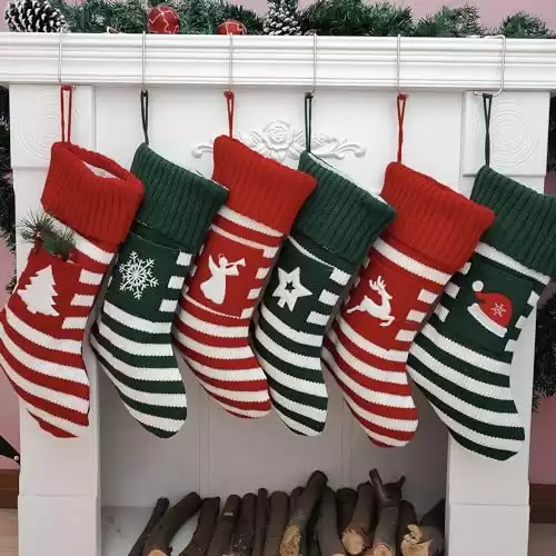 2023 New Knit Christmas Stockings Set of 6, Kintted Christmas Stockings 6 pack, 18 Large Family Christmas Stockings, Farmhouse, Rustic, Christmas Decoration, Red Green and White Stripes personalize...