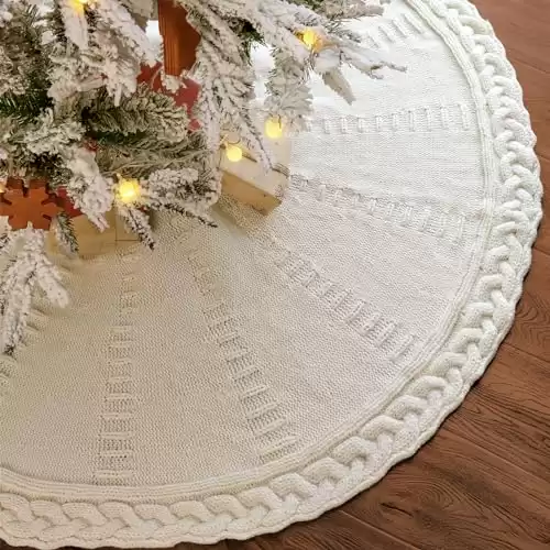 LimBridge Christmas Tree Skirt, 48 inches Cable Knit Knitted Thick Rustic Xmas Holiday Decoration, Cream