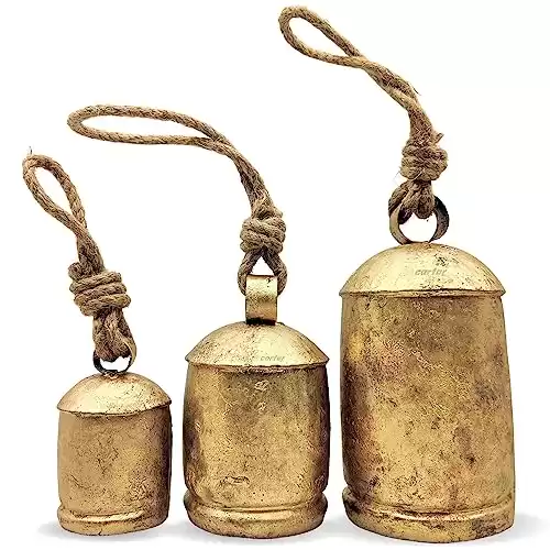 Carfar Set of 3 Rustic Style Large Bells Handmade Metal Harmony Christmas Hanging Cow Bells Complete Set on Jute Rope