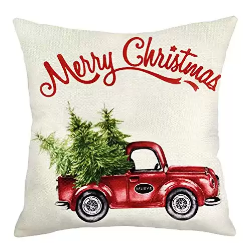 MENOLY Merry Christmas Pillow Cover 18 x 18 Inch Christmas Pillow Cover Red Truck Christmas Tree Cotton Linen Throw Pillow Cover for Farmhouse Home Decor Winter Navidad Holiday