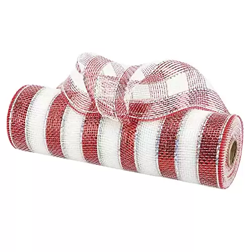 MEEDEE Red and White Mesh Ribbon Red White Stripe Deco Mesh 10 Inch Metallic Mesh Ribbon Decorative Mesh Holiday Deco Mesh Wreath Supplies (30 Feet)