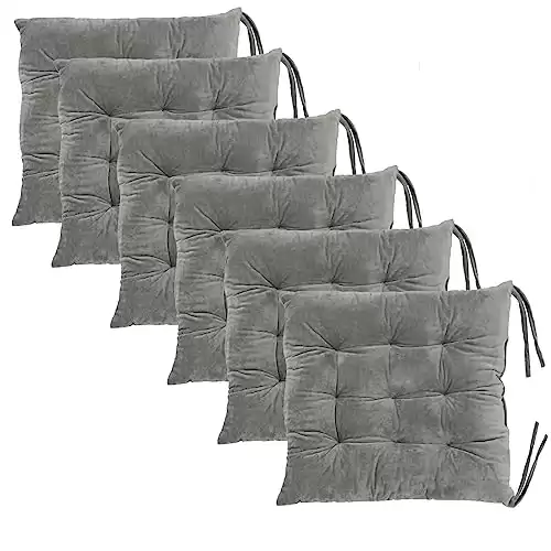 6 Pack Square Seat Cushion Chair Pads for Kitchen Dining Chairs, Soft Comfort Velvet Chair Mat Pillow Cushions with Ties for Office Desk Living Room Tatami 15.5", Gray