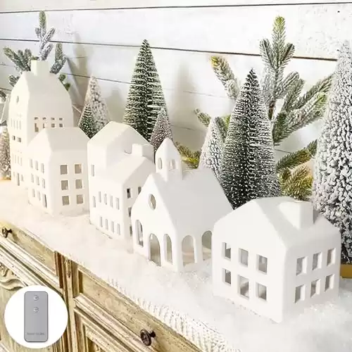 Christmas Decorations Christmas Decorations Indoor Christmas Village Sets of 5 Lighted Ceramic Houses with Remote Control & 9 Trees White Xmas Holiday Farmhouse Rustic Dec...