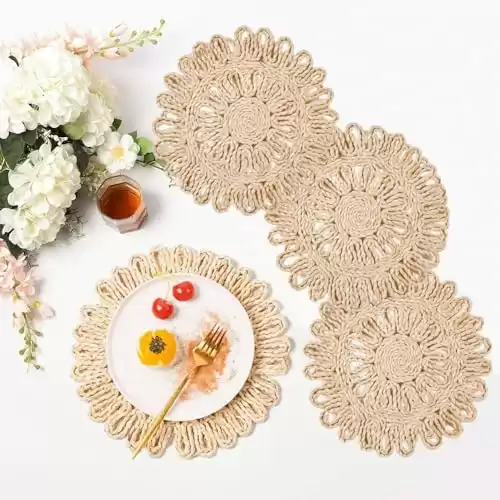 IcosaMro Round Woven Placemats for Dining Table Set of 4 11 Inch Small Natural Braided Rattan Tablemat Hollow Wicker Charger Plates for Holiday Thanksgiving Christmas Kitchen Table Mat, Beige