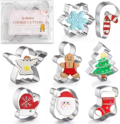 Christmas Cookie Cutters, 8Pcs Winter Holiday Cookie Cutter Set, Stainless Steel Metal Cutter with Gingerbread Men,Christmas Tree,Snowflake, Candy Cane, Angel, Santa Face,Stocking,Mitten