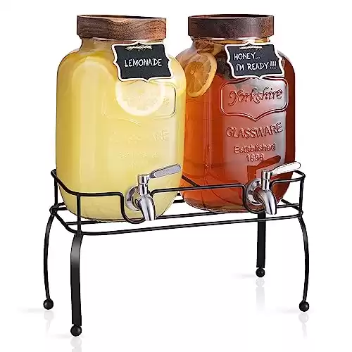 mustry Glass Drink Dispenser for Parties, 1 Gallon Beverage Dispenser with Stand and Spigot Solid Stainless Steel, Used as Lemonade Dispenser Sun Tea Jar Kombucha Jar, Set of 2