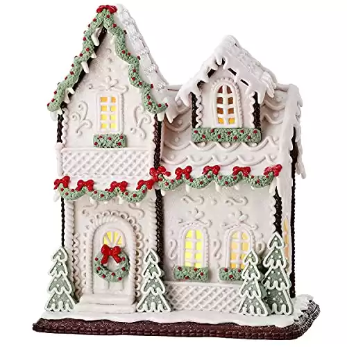 One Holiday Way 13-Inch LED Light Up White Faux Gingerbread Cake House Tabletop Decoration w/Timer, Christmas Garlands, Trees, Wreath Lighted Decorative Winter Party Home Decor