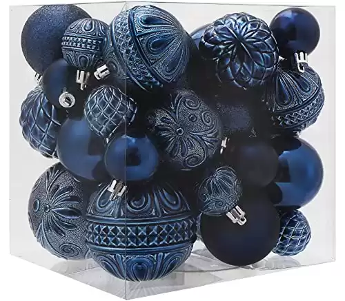 Christmas Ball Ornaments Navy Blue Christmas Tree Decorations with Hang Rope-36pcs Shatterproof Christmas Ornaments Set with 6 Styles in 3 Sizes(Small Medium Large)