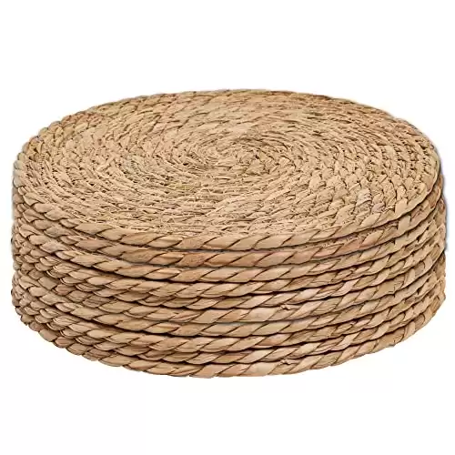 Defined Deco Woven Placemats Set of 10,12 Round Rattan Placemats,Natural Hand-Woven Water Hyacinth Placemats,Farmhouse Weave Place Mats,Rustic Braided Wicker Table Mats for Dining Table,Home,WeR...